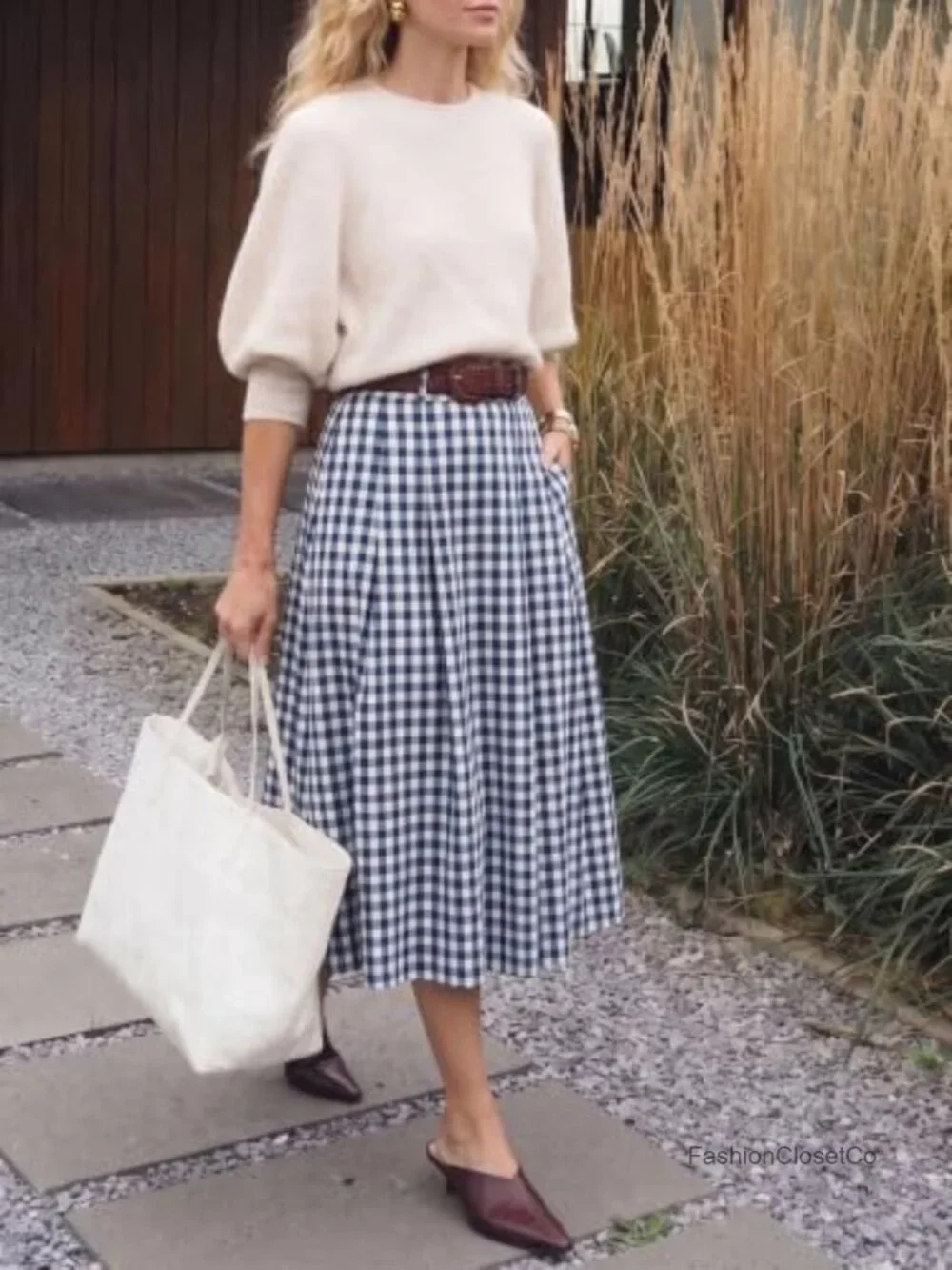 A-Line Midi Pleated Skirt High Waist Side Pockets Women Business Casual